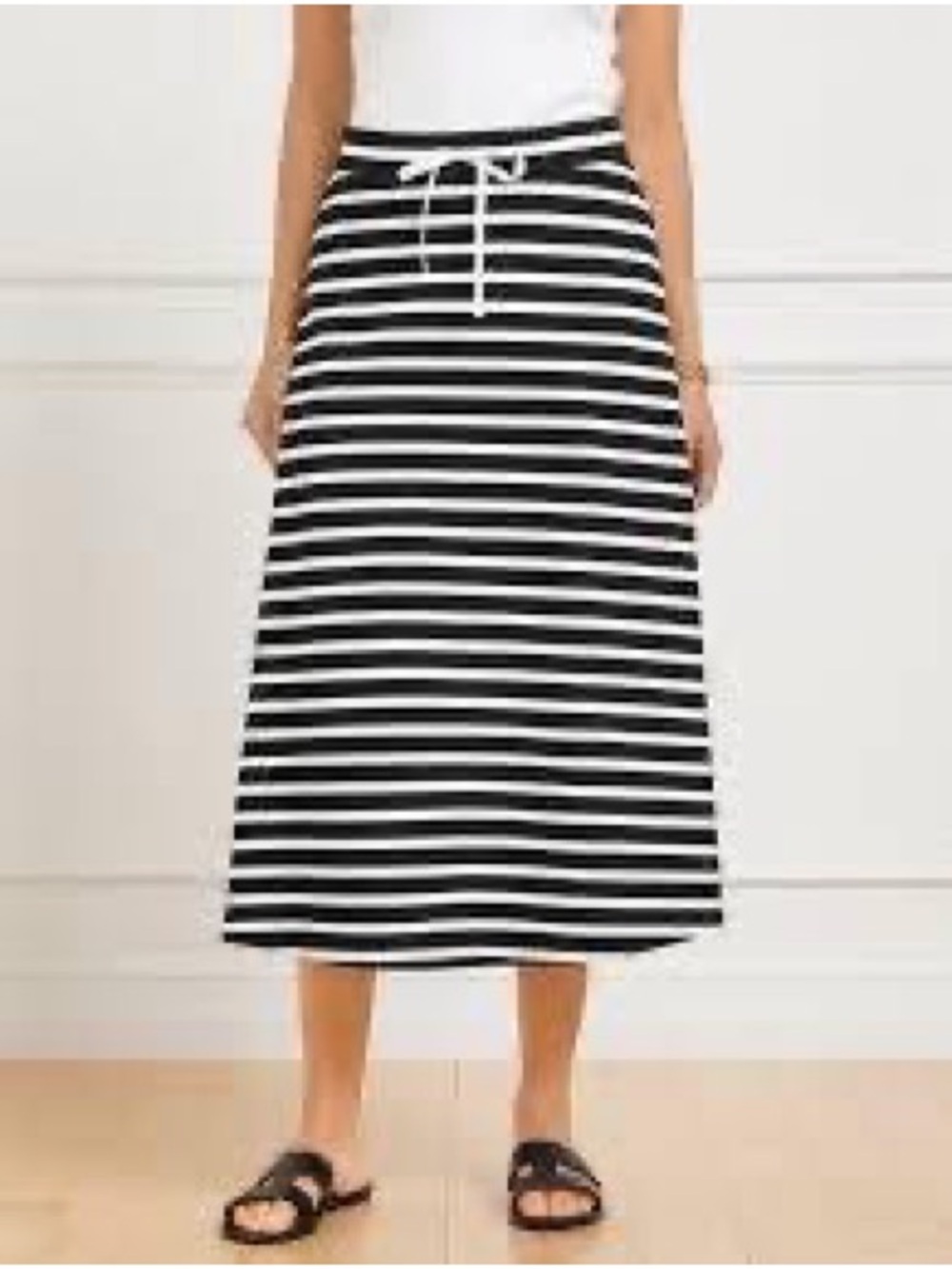 Talbots Black and White Striped Drawstring Midi Skirt